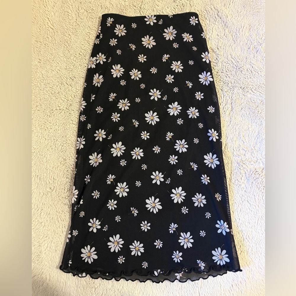 Forever 21 Black Midi Skirt with White Floral Design